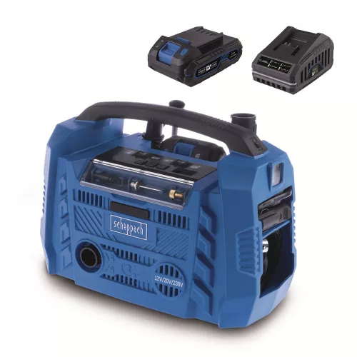 Akkus hibrid kompresszor IXES 20V 12V, 230V (2Ah akkuval és 2,4A töltővel) Scheppach Air Force 6-SET S